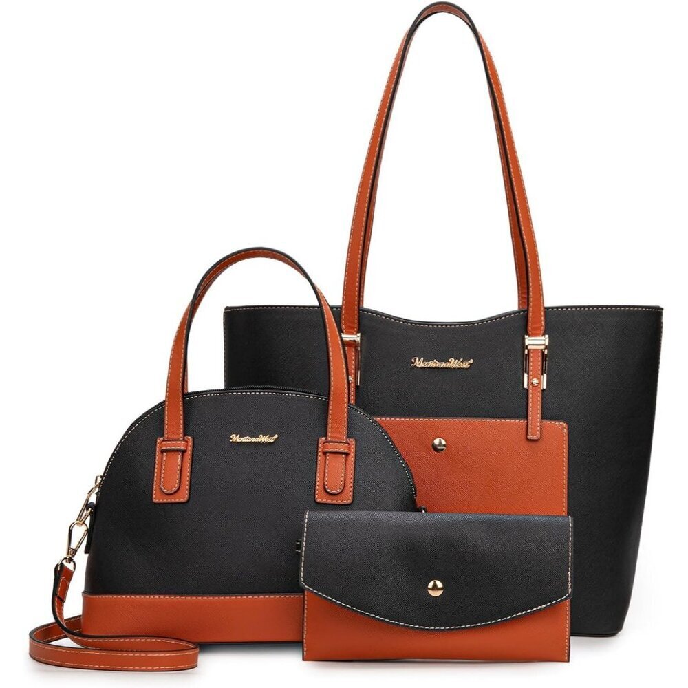 Women's Black&orange 3PCS Purses Tote Wallet Shoulder Satchel Handbags Set
